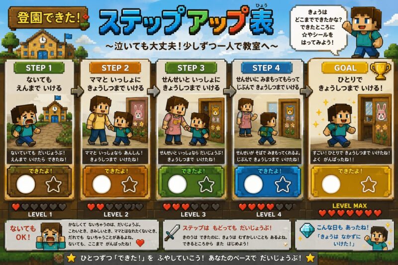 登園できた！ステップアップ（ゲーム風）視覚支援カード