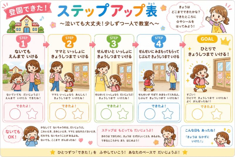 登園できた！ステップアップ（女の子）視覚支援カード