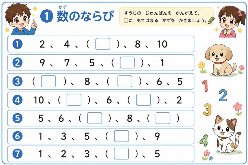 小学1年生 夏休み総復習プリント①数のならび