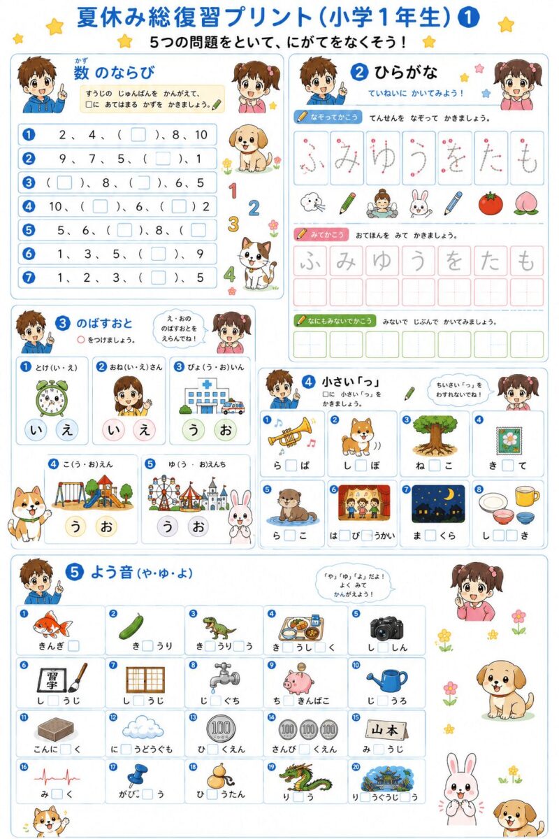 小学1年生 夏休み総復習プリント①まとめ