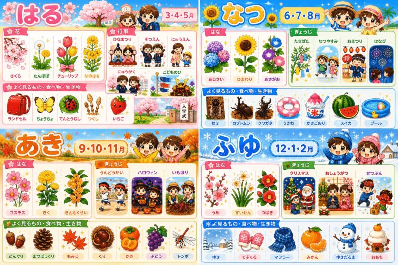 季節の視覚支援カード（春夏秋冬）