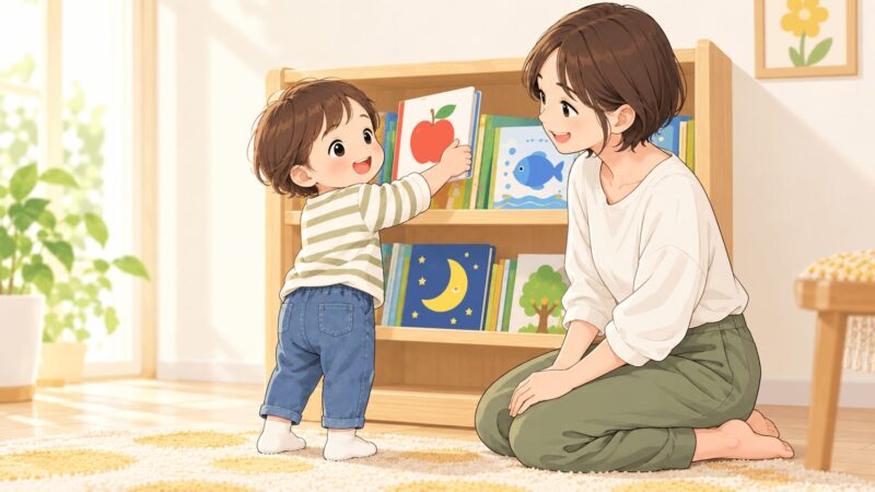 2歳の子どもが本棚から好きな絵本を選び、保護者が笑顔で見守るイラスト
