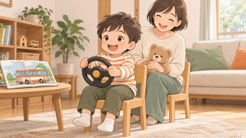 バスの絵本をきっかけに、3歳の子どもが保護者と運転手と乗客のごっこ遊びを楽しむイラスト