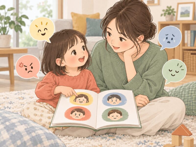 絵本の登場人物の気持ちを親子で話す4歳の子どものイラスト