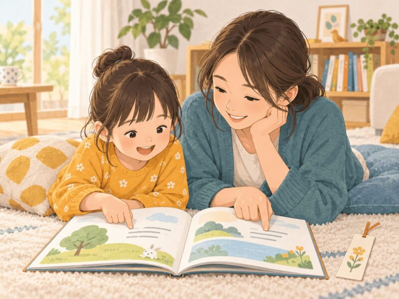 5歳の子どもと保護者が絵本を交代しながら読むイラスト