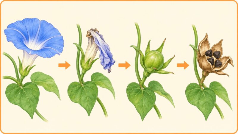 朝顔の花がしぼみ、緑色の実から茶色い実と黒い種になるまでの流れ