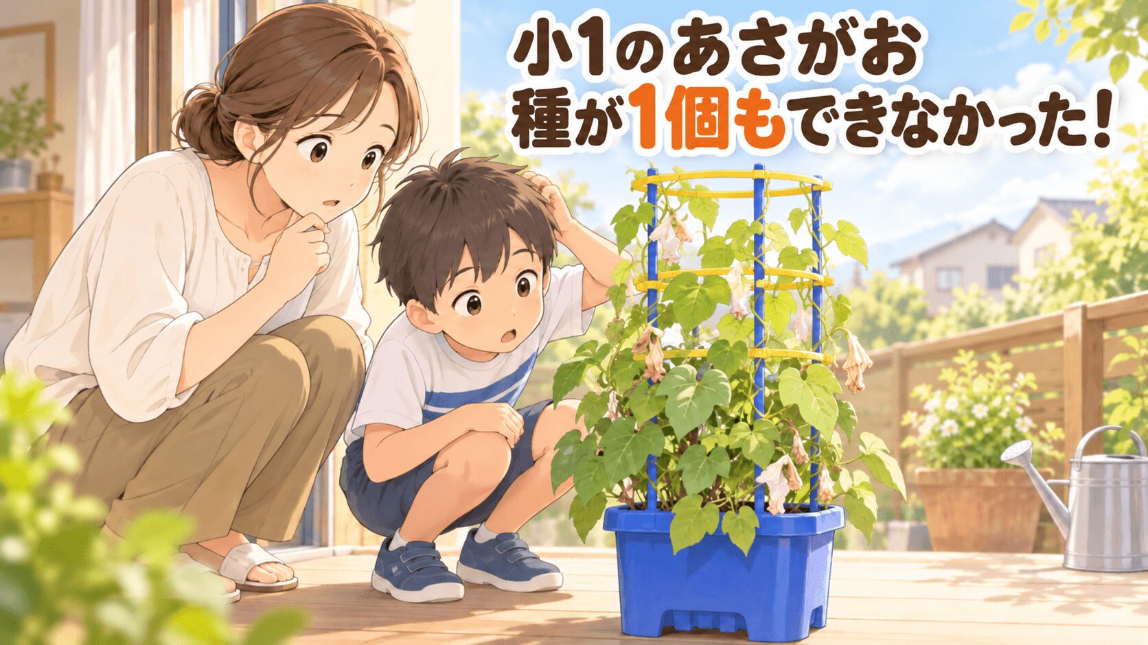 小1の夏休みに持ち帰ったあさがおに種ができず、鉢を確認する母親と男の子