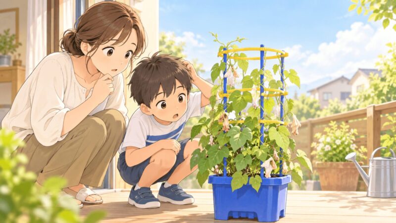 朝顔の観察をする親子
