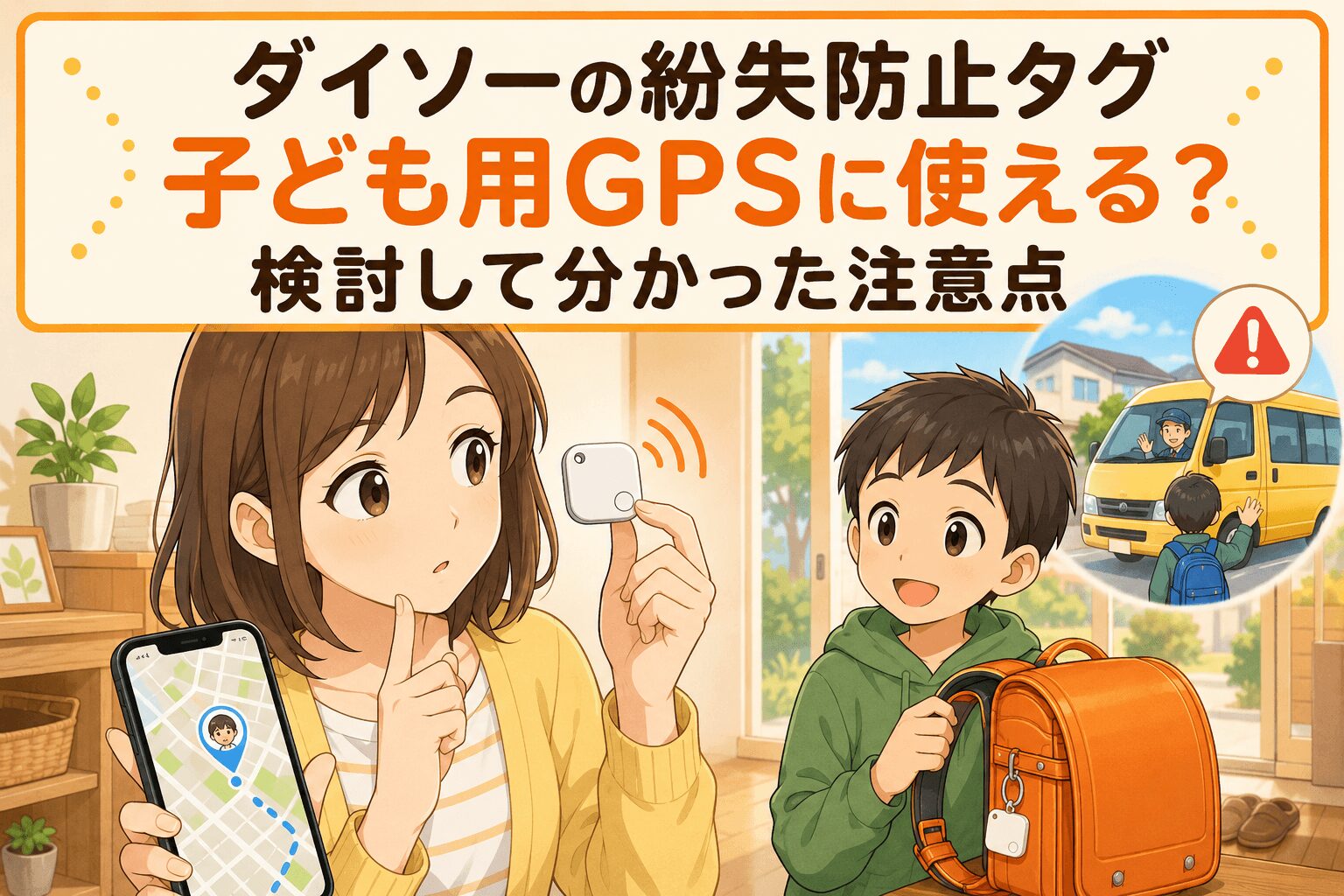 ダイソーのApple「探す」対応紛失防止タグを子ども用GPSとして使えるか検討する親子