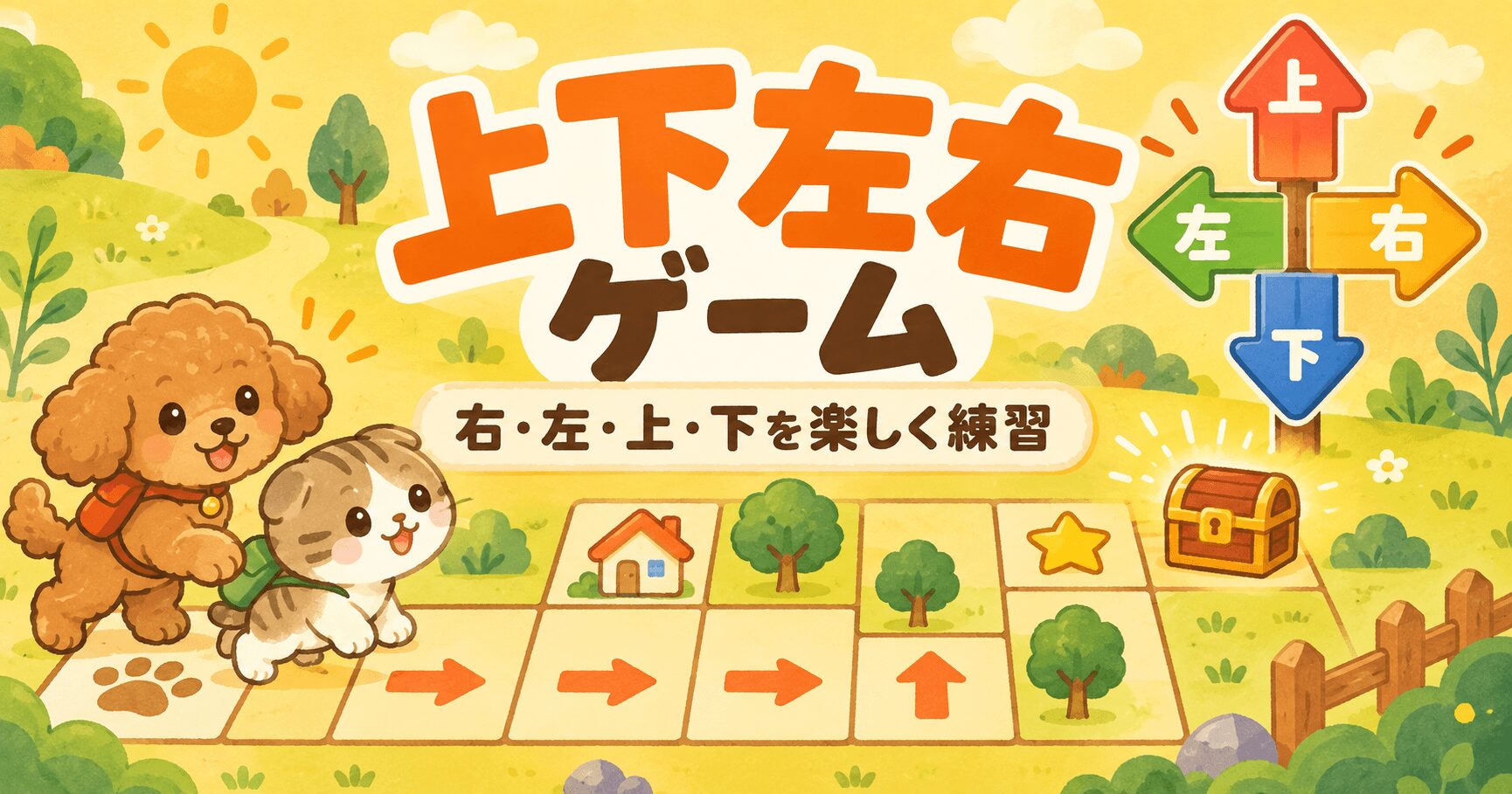 犬と猫が上下左右の指示を見ながらマス目の地図で宝箱を目指すゲームのイラスト