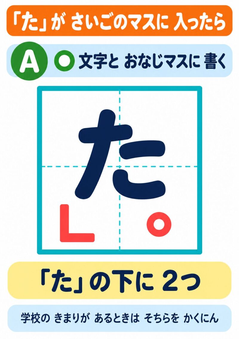 「た」が最後のマスに入ったとき、句点と終わりのかぎを文字と同じマスの下に書く方法