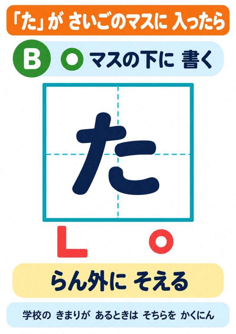 「た」が最後のマスに入ったとき、句点と終わりのかぎをマスの下の欄外に書く方法