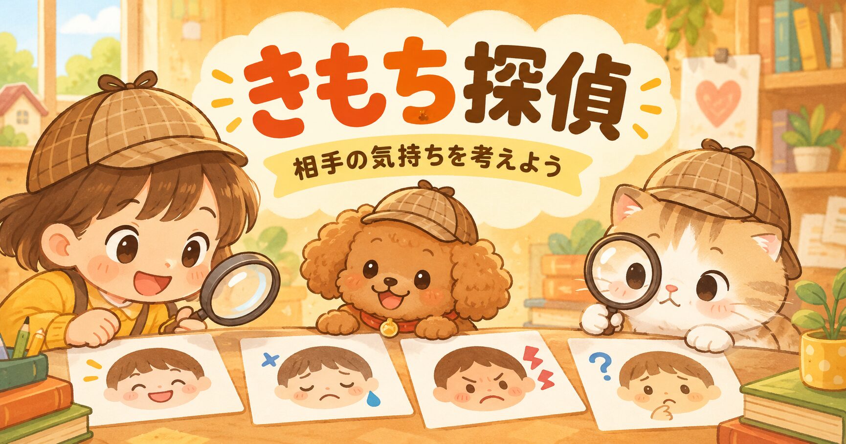 子どもと犬と猫が虫眼鏡で表情カードを見ながら相手の気持ちを考えるイラスト