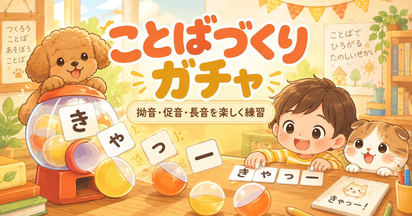 子どもが文字カードを選んで拗音・促音・長音の言葉を作るガチャゲームのイラスト