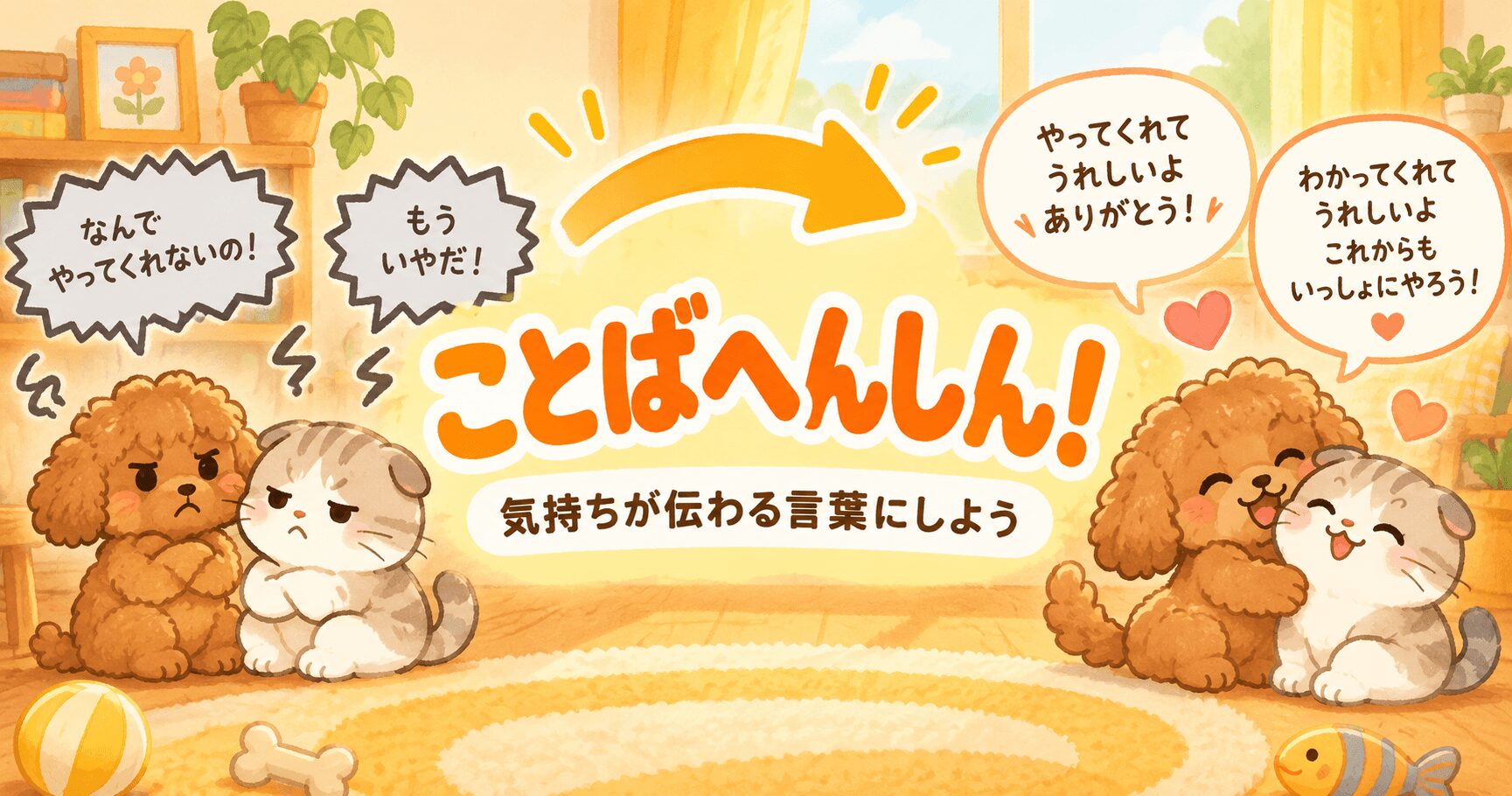 犬と猫が強い言葉を気持ちの伝わる言葉へ言い換えて仲直りするイラスト