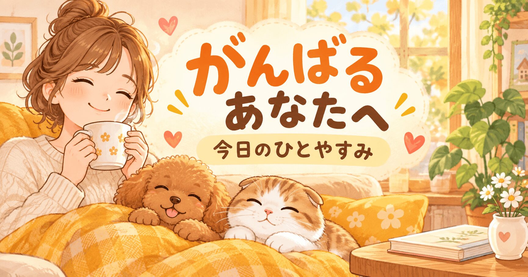 温かい飲み物を持つ女性と犬と猫が一緒に休憩する「今日のひとやすみ」のイラスト