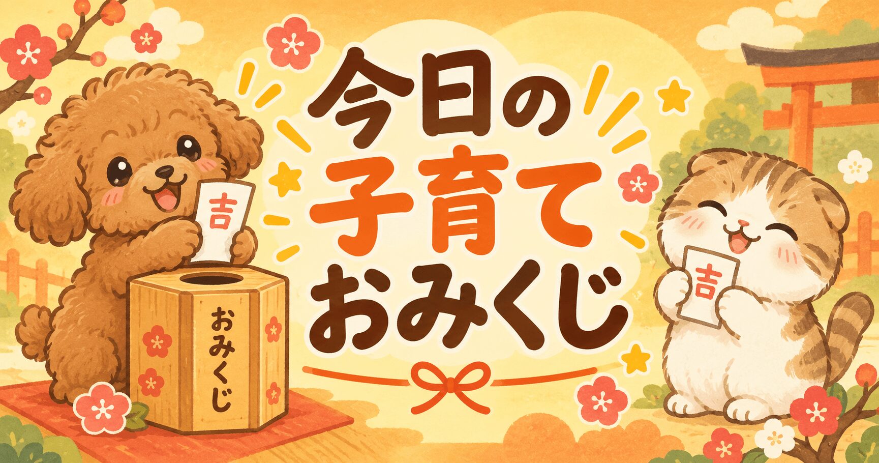 犬と猫がおみくじを引いて楽しむ「今日の子育ておみくじ」のイラスト