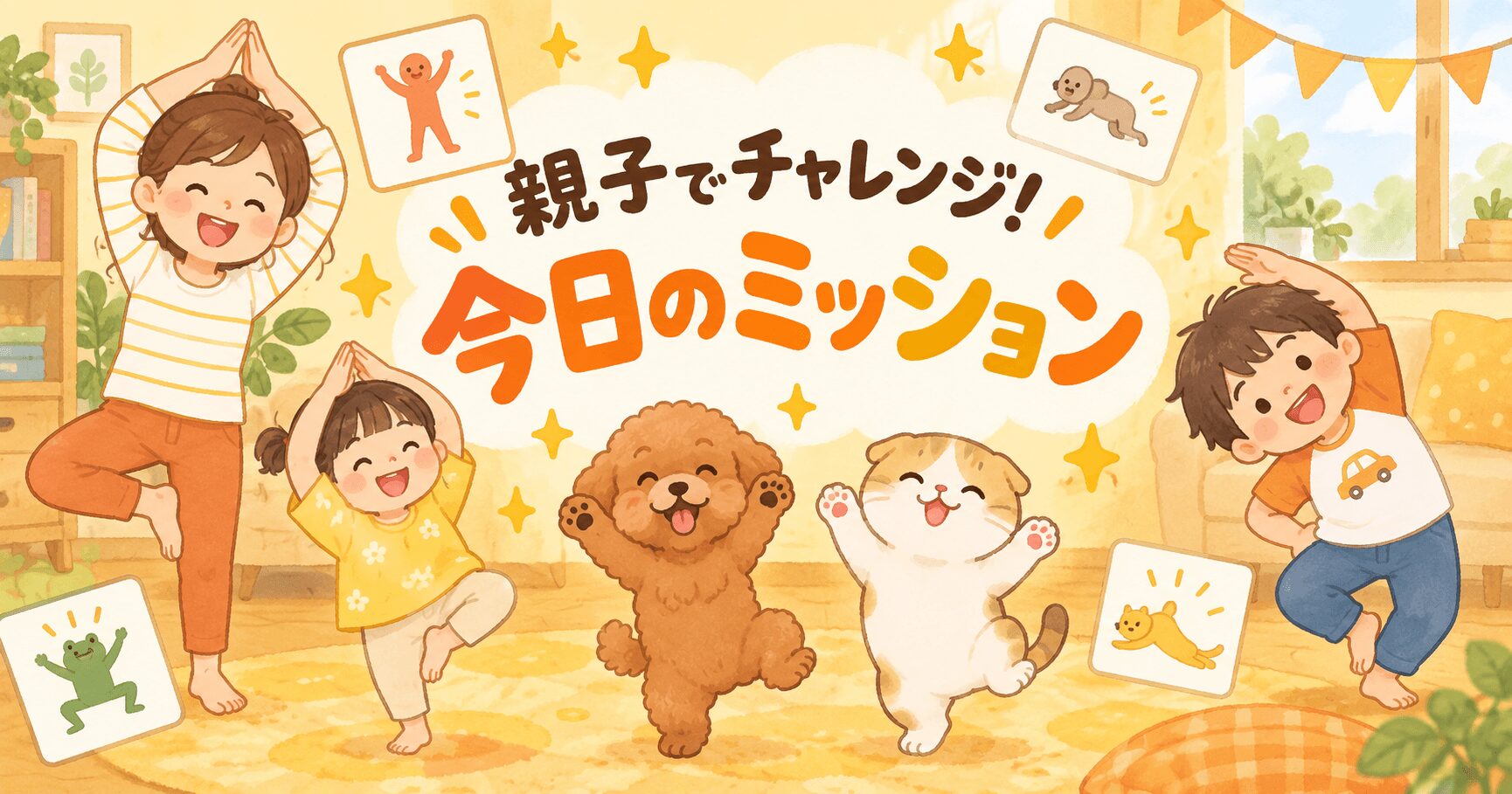 親子と犬と猫が体を動かして今日のミッションに挑戦するイラスト