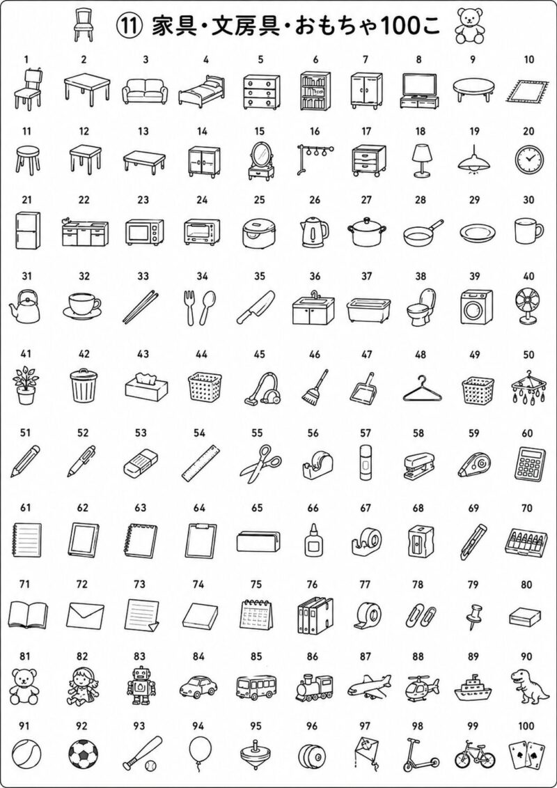 家具・家電・文房具・学校用品・おもちゃ100この線描きぬりえ