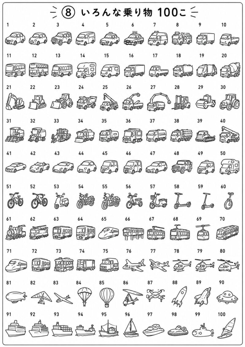 車・バス・電車・飛行機・船などいろんな乗り物100この線描きぬりえ