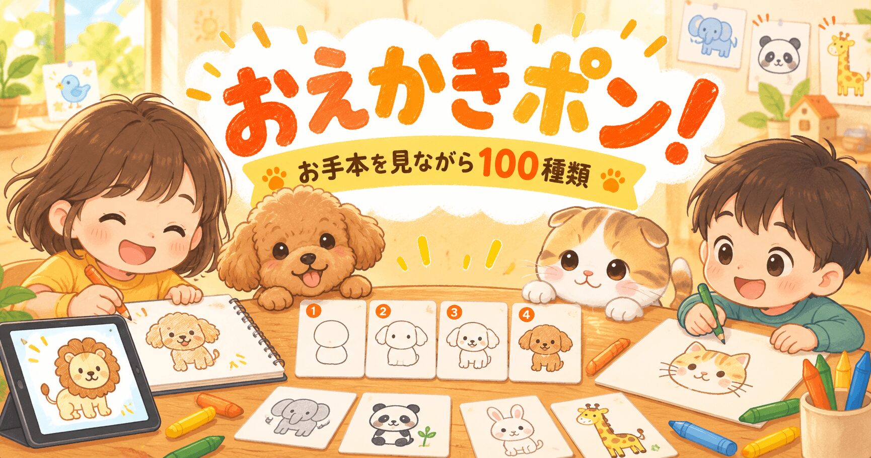 子どもが段階的なお手本を見ながら犬や猫の絵を描く「おえかきポン！」のイラスト