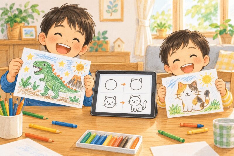 タブレットのお絵描き手本を見ながら描いた恐竜と猫の絵を、笑顔で見せる兄弟