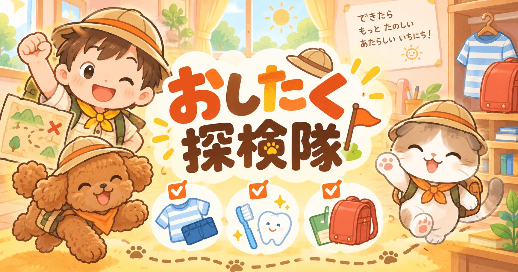 子どもと犬と猫が着替え・歯みがき・学校の準備に挑戦する「おしたく探検隊」のイラスト