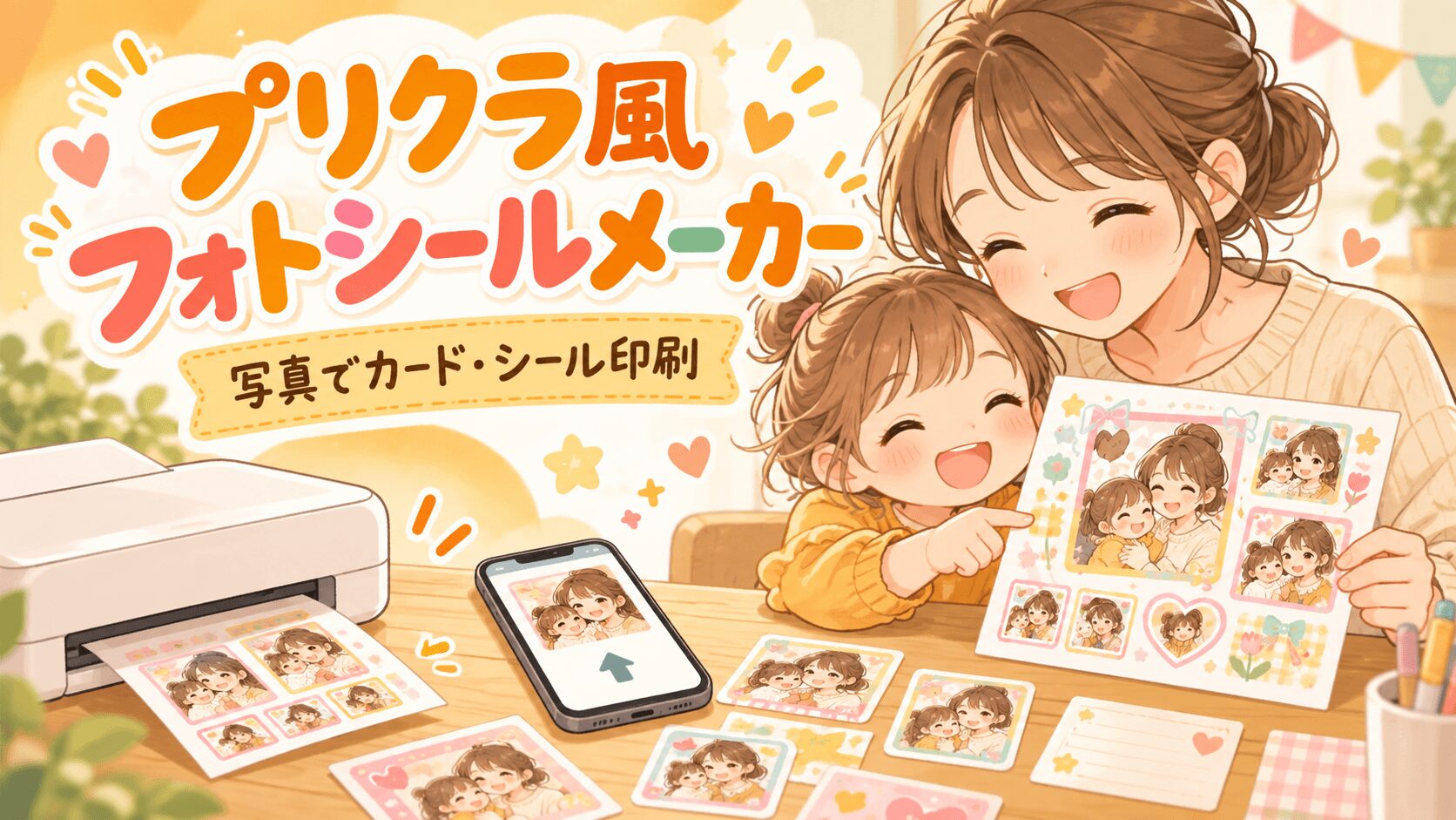 子どもの写真でプリクラ風フォトシールやカードを作れる無料メーカーのアイキャッチイラスト