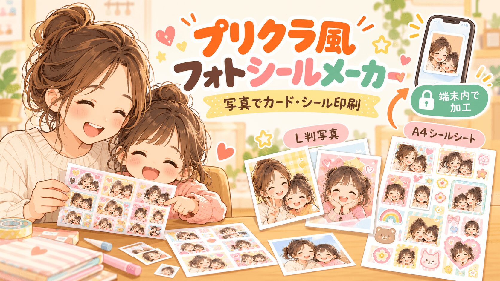 プリクラ風フォトシールメーカーで、子どもの写真をカードやシール印刷用に作るイラスト