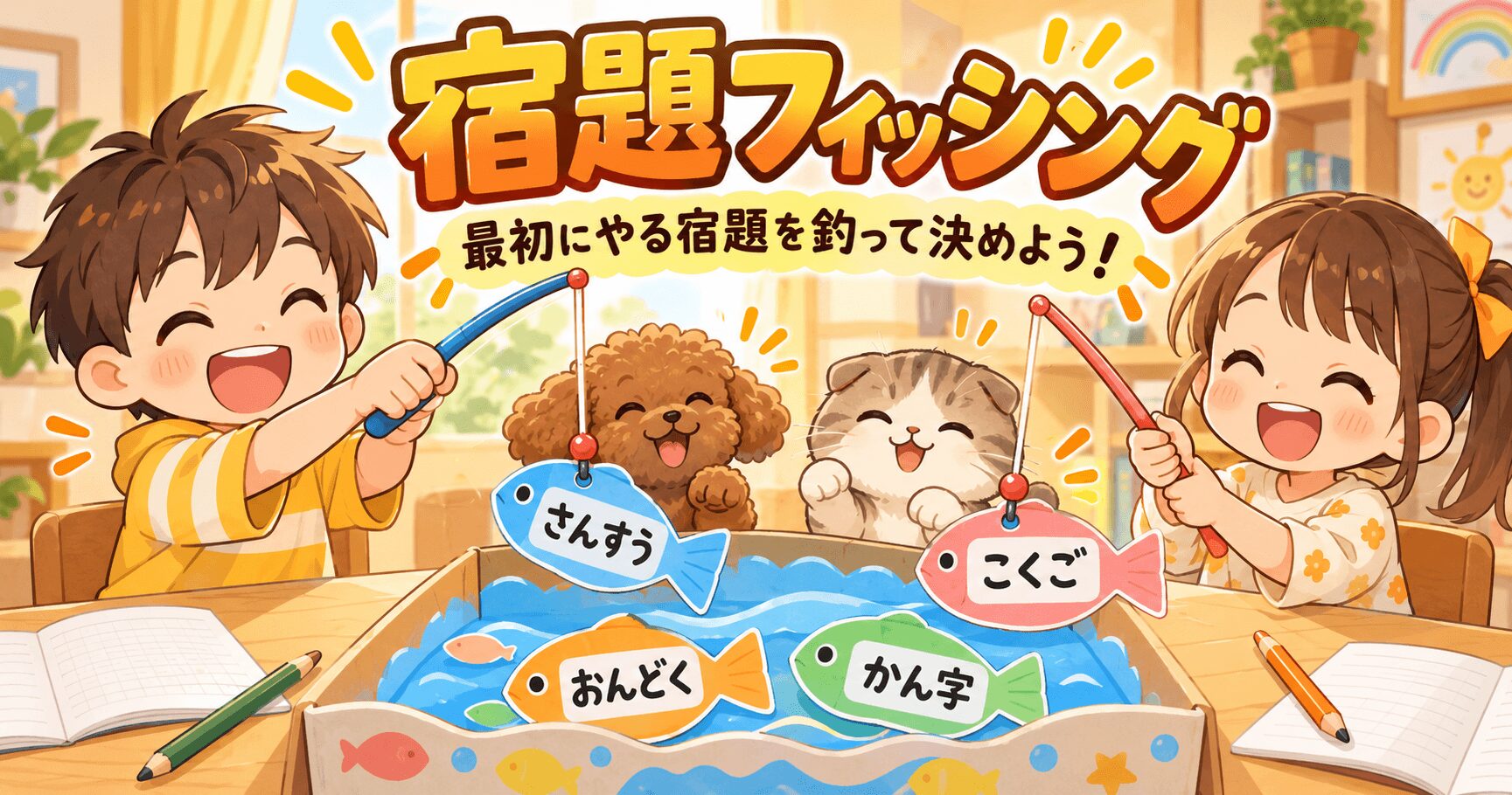 子どもが国語・算数・音読・漢字の魚を釣って最初に取り組む宿題を決めるイラスト
