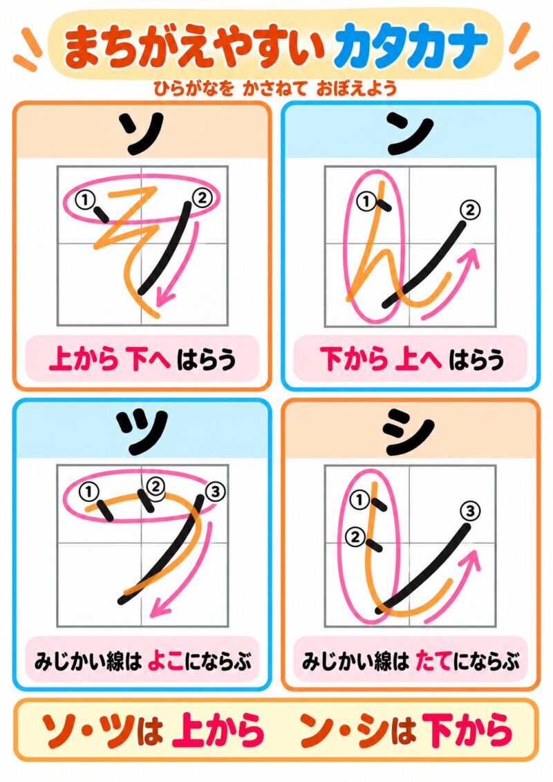カタカナのシ・ツ・ソ・ンの見分け方を、ひらがなのし・つ・そ・んと重ね、書き順、青い書き始め、ピンクの丸と矢印で示した視覚支援イラスト