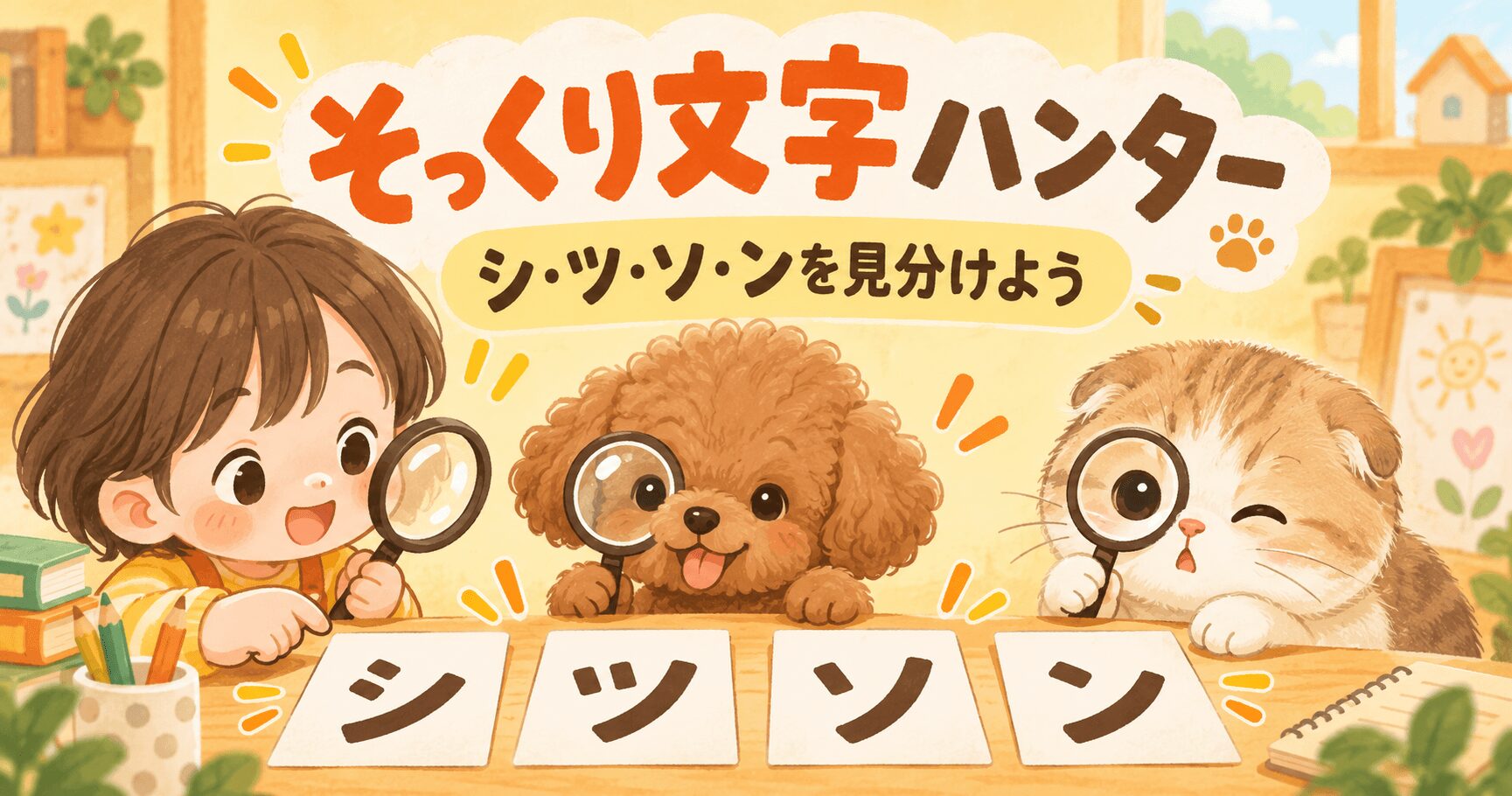 子どもと犬と猫が虫眼鏡でカタカナのシ・ツ・ソ・ンを見分けるイラスト