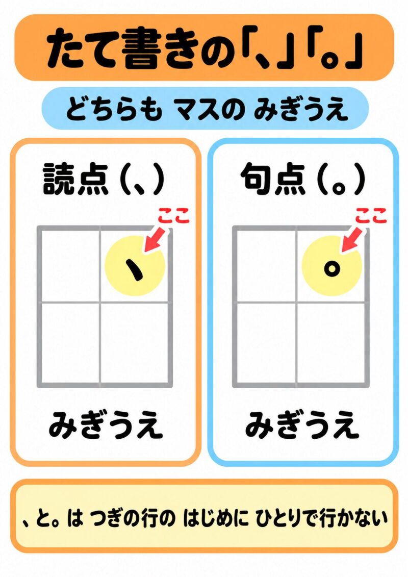 縦書きの原稿用紙で、句点、読点を書く位置をマス目で示した視覚支援イラスト