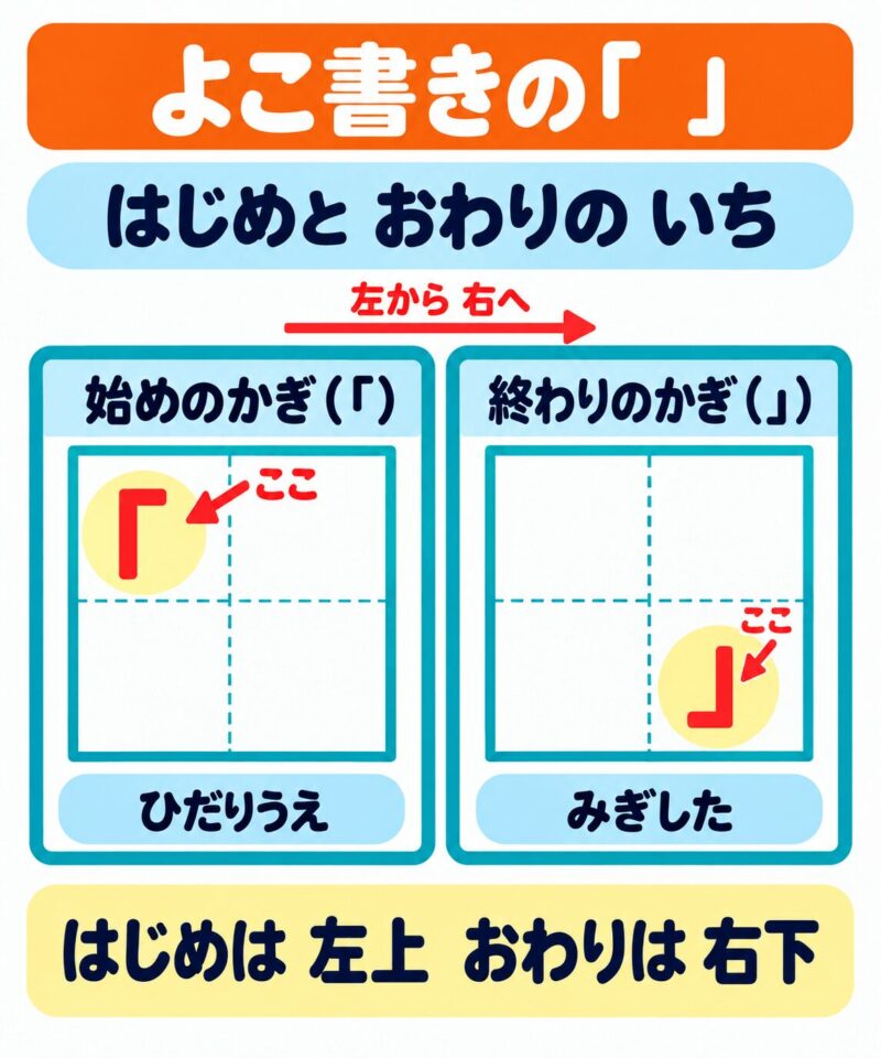 横書きの原稿用紙で、始めのかぎかっこ、終わりのかぎかっこを書く位置をマス目で示した視覚支援イラスト