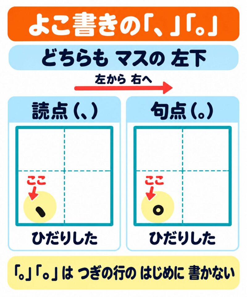 横書きの原稿用紙で、句点、読点を書く位置をマス目で示した視覚支援イラスト