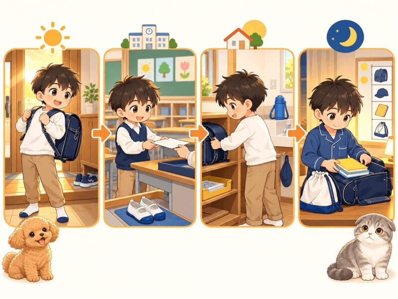 朝の支度・登校後の行動・帰宅後の片付け・夜の明日の準備という一日の流れを示すイラスト