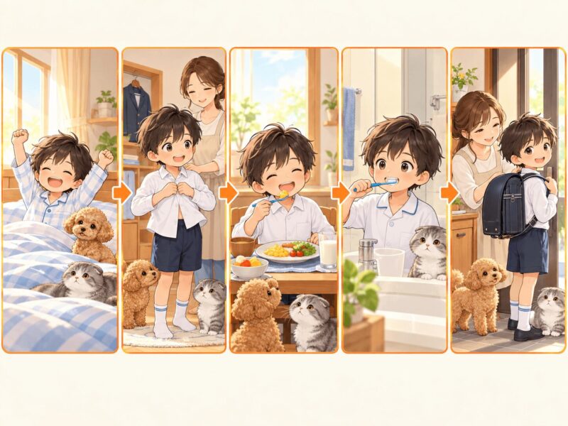 起きる・着替える・朝食・歯磨き・持ち物確認という朝の支度の流れを示すイラスト