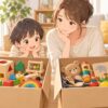 Cha Cha ChaとAnd TOYBOXのおもちゃサブスクを比較する親子のイラスト