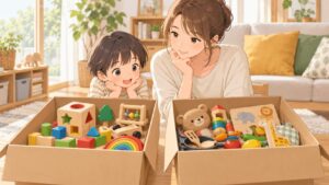 Cha Cha ChaとAnd TOYBOXのおもちゃサブスクを比較する親子のイラスト