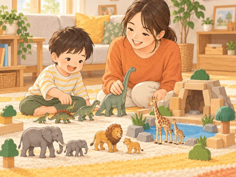 親子で動物や恐竜のフィギュアを並べて遊ぶイラスト