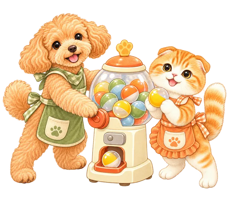 エプロン姿の犬と猫が、お手伝いガチャを楽しんでいるイラスト