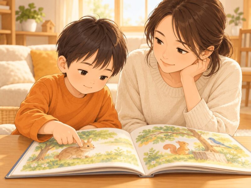 絵本の動物を静かに指差す子どもの小さな反応を見守る保護者のイラスト