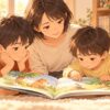 絵本を読みながら子どもの小さな反応を見守る保護者のイラスト