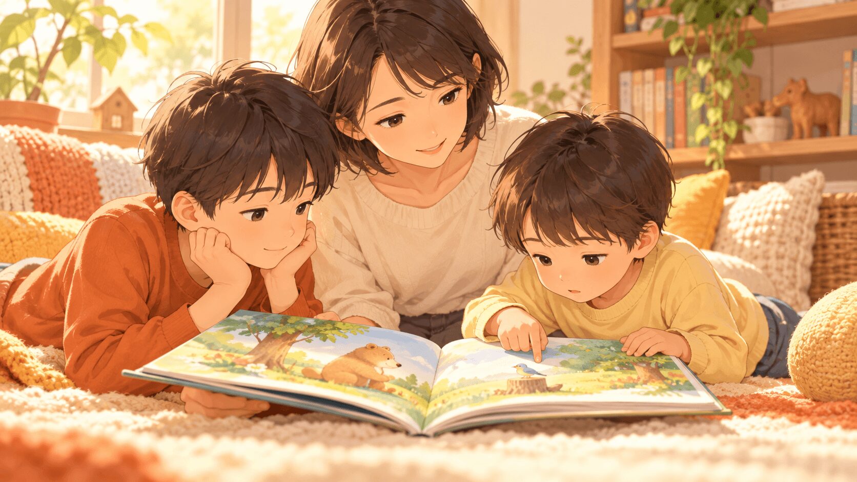 絵本を読みながら子どもの小さな反応を見守る保護者のイラスト