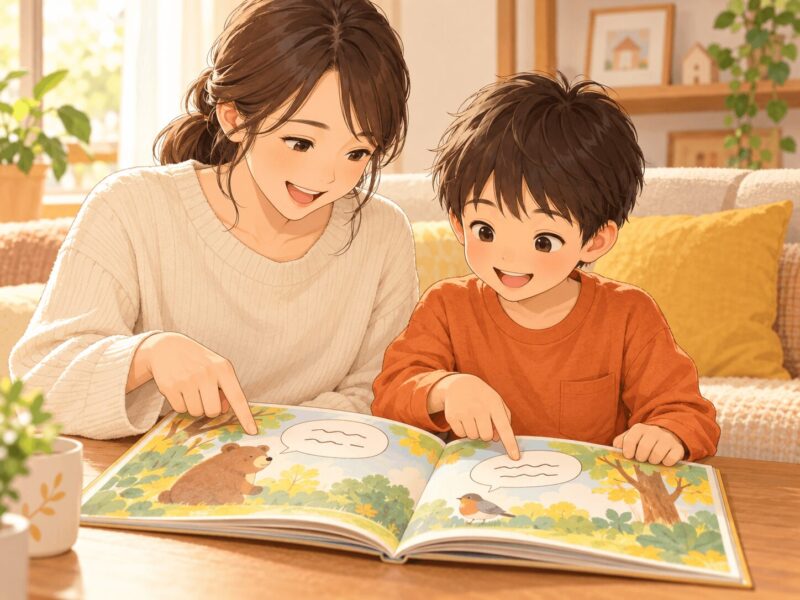 絵本の短い部分を保護者と交代しながら読む子どものイラスト