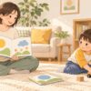 絵本から離れて遊びながら読み聞かせに関心を向ける子どものイラスト
