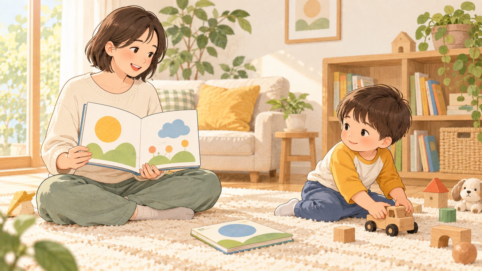 絵本から離れて遊びながら読み聞かせに関心を向ける子どものイラスト