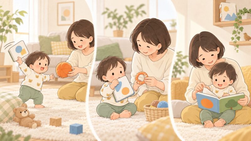 絵本を投げる・かじる・破る子どもへの安全な対応を示すイラスト