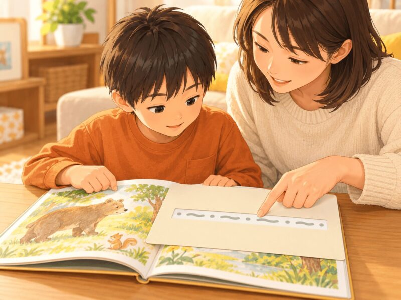 読む行だけが見える読み窓を使って絵本を読む子どもと保護者のイラスト