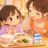 給食が苦手な小1の子に先生がやさしく声をかけるイラスト